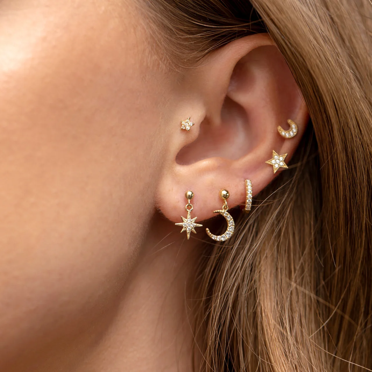 14k Solid Gold My Moon and Stars Stud Earrings – Bild 2