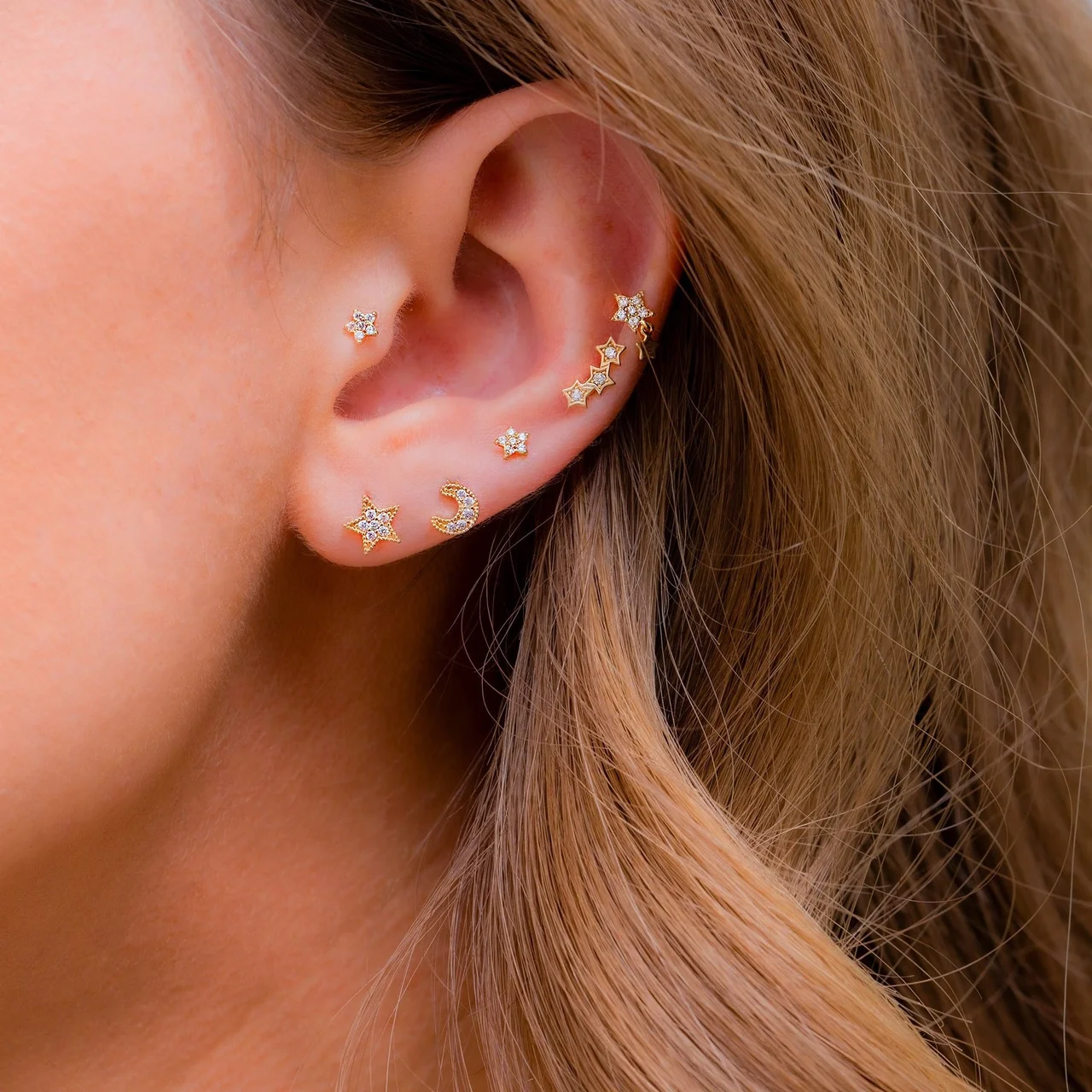 14k Solid Gold My Moon and Stars Stud Earrings – Bild 6